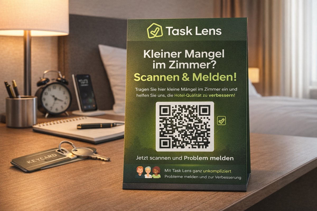 TaskLens Pro – QR-Aufsteller im Hotelzimmer